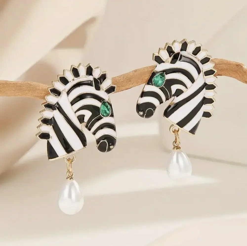 Zebra Head Earrings Zara Striped Gold Plated Enamel Dangle Boho Animal Horse CZ